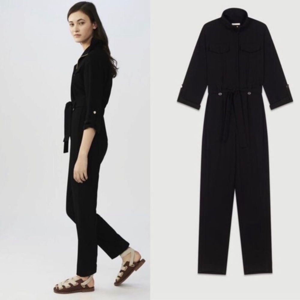 Maje Black Belted Long Sleeve Jumpsuit XS